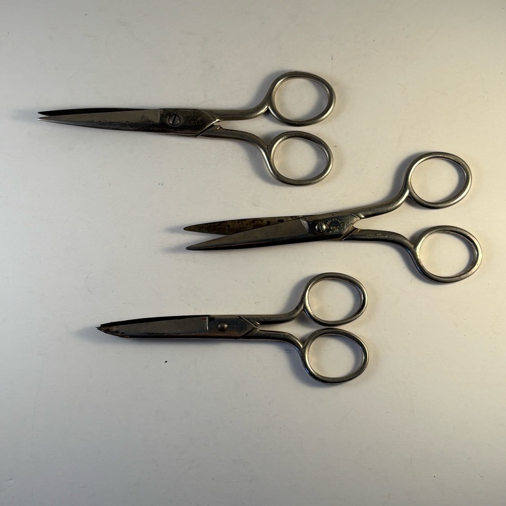 Three Pairs Forged Steel Scissors Vintage HDF Eversharp School Unbranded Pointed